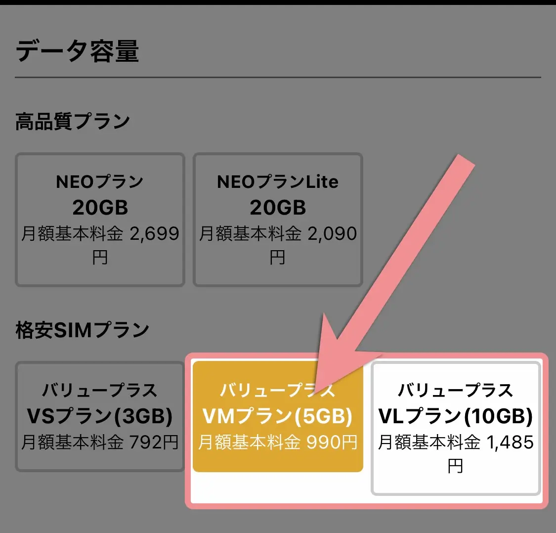 「VMプラン」または「VLプラン」を選ぶ