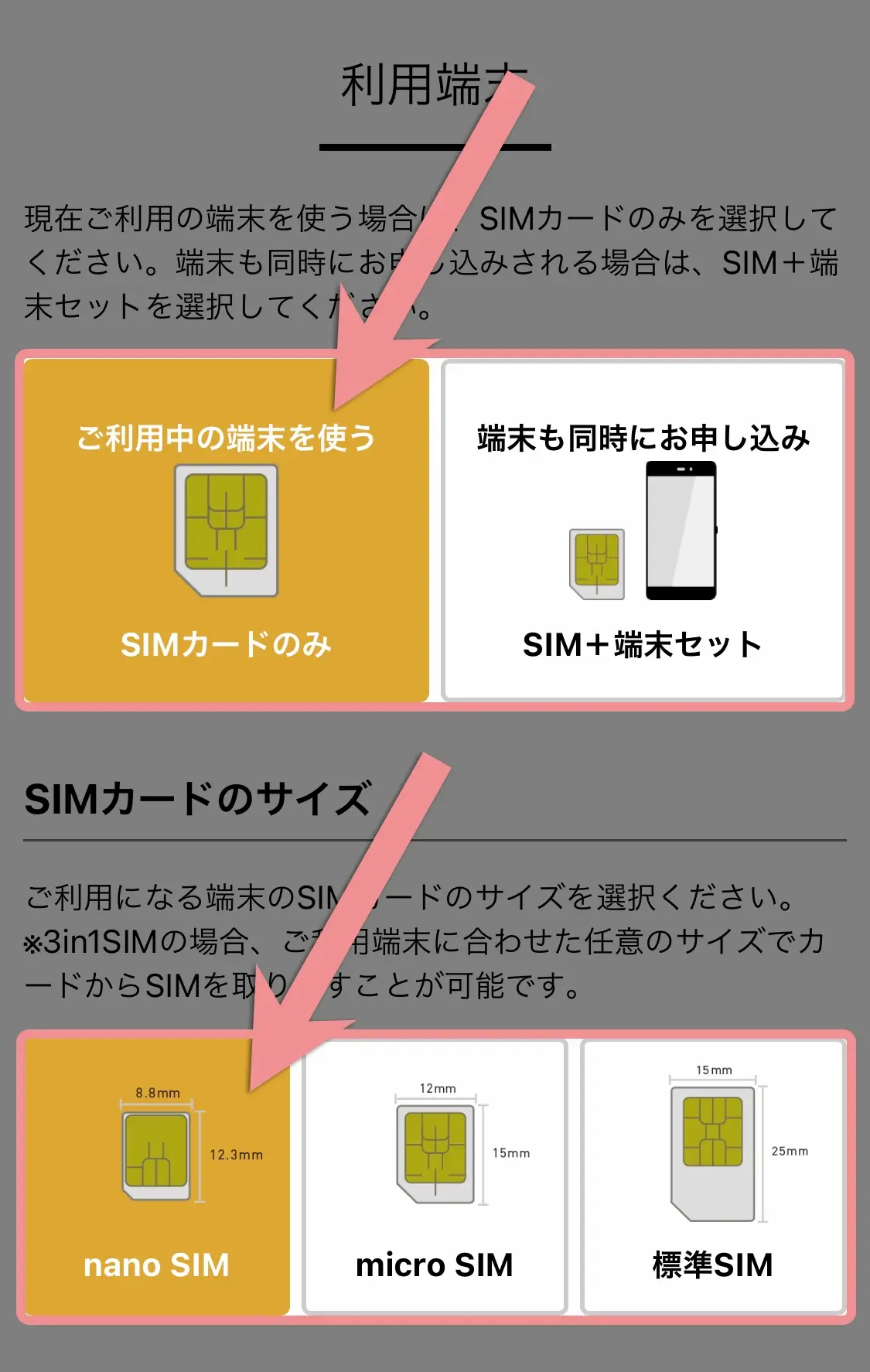 端末セットの有無やSIMカードのサイズを選ぶ