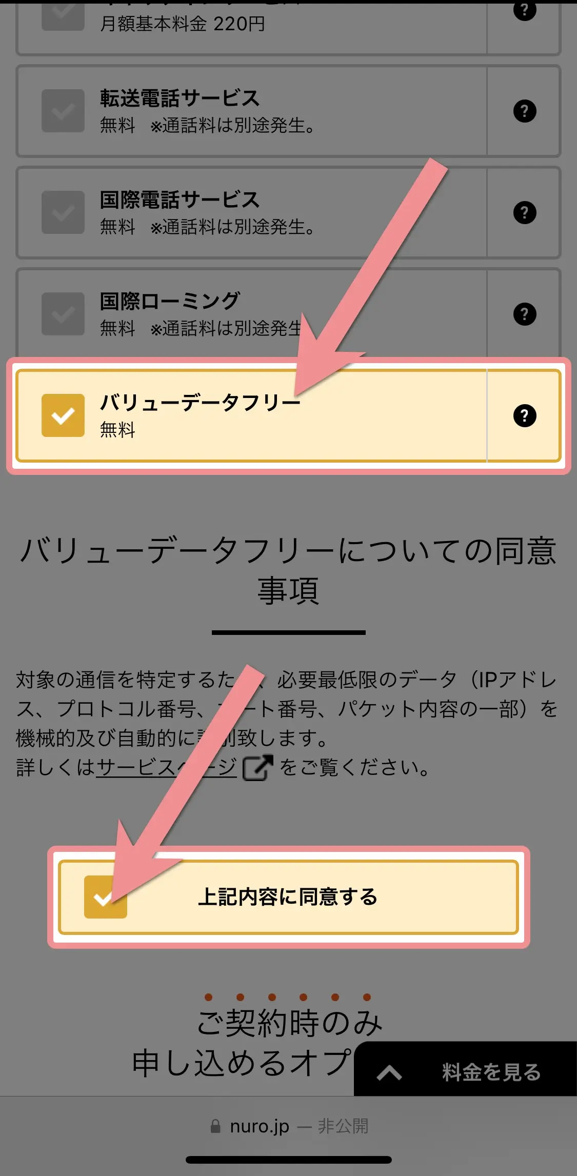 一覧から「バリューデータフリー」を選び同意事項にチェックを入れる