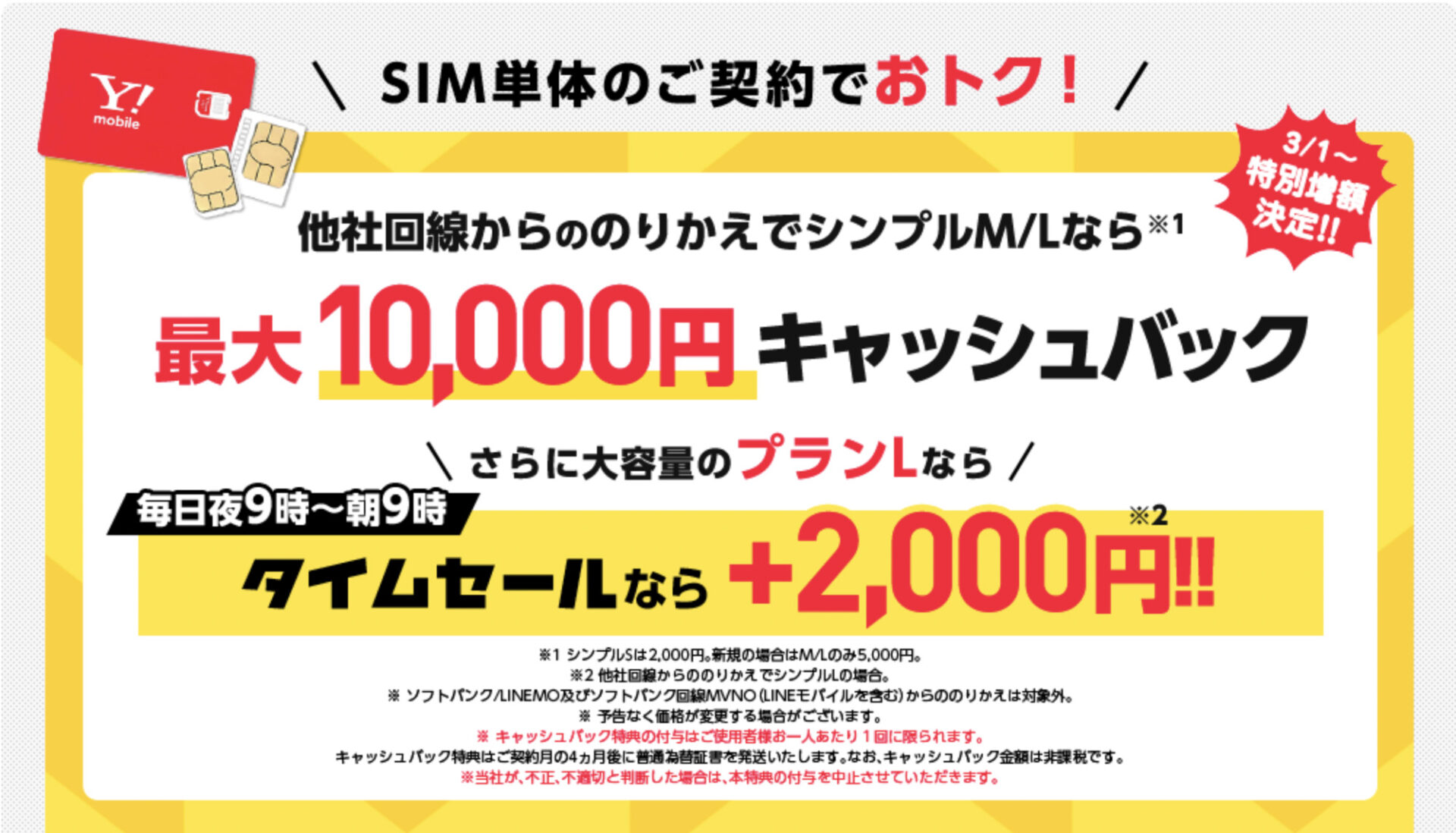 SIMのみ契約で最大12,000円キャッシュバック